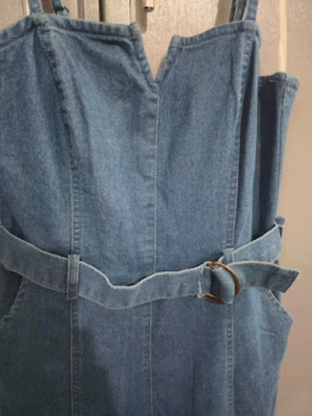 Dear Heart Denim Midi Dress Blue Sleeveless Belted Fit & Flare Women's M